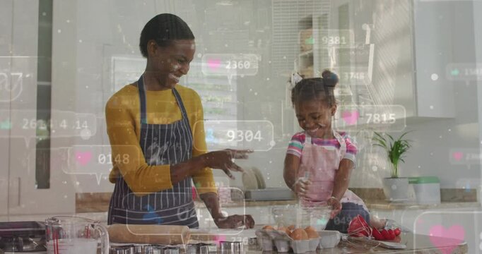 Mom guiding child baking at counter, flicking flour sparking bowl stirring, overlay numbers hearts