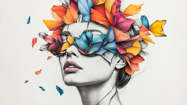 A stylized abstract woman head made of petals