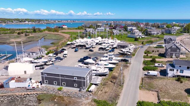 Scituate Maritime Center at Scituate Harbor between First Cliff and Second Cliff aerial view, in town of Scituate, Massachusetts MA, USA. 