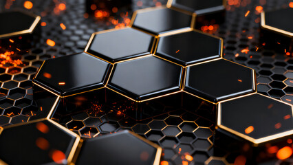 An abstract futuristic composition featuring a layout of interconnected glossy black hexagonal shapes