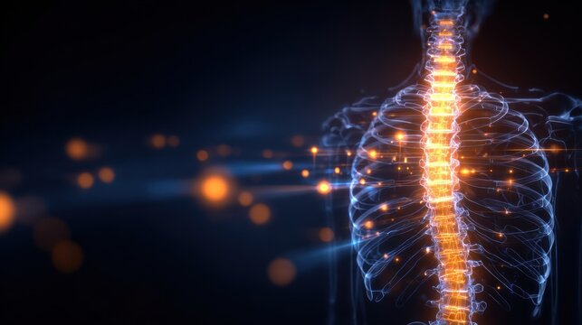 Abstract glowing human spine and ribcage with interconnected neural pathways.
