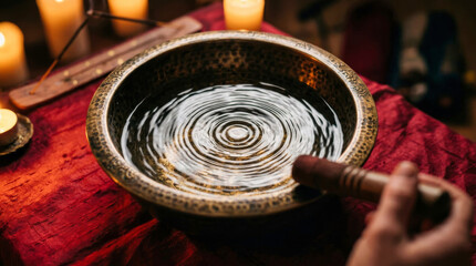 Tibetan singing bowl filled with water creating ripple pattern on red cloth surrounded by candles
