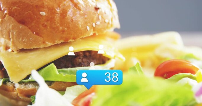 Vertical video: Animating blue bubble rising to 95, camera moving closer, showing cheeseburger buzz