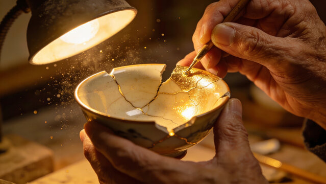 Kintsugi master artisan applying gold lacquer to repair a broken ceramic bowl in a traditional workshop
