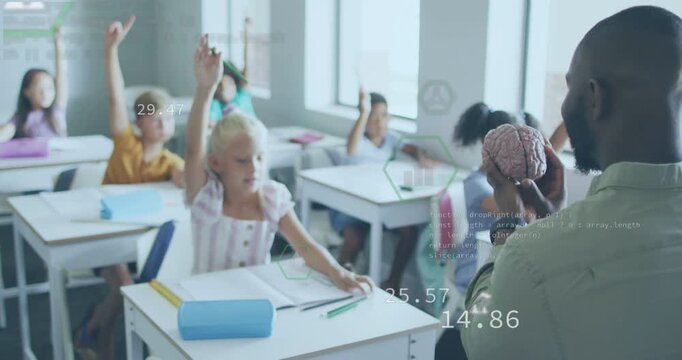 Teacher showing brain model in class, sparking front girl raising hand as AR icons teaching lesson