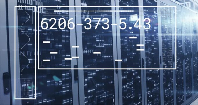 Server racks filling data center showing HUD while data stream updating numeric codes and bars
