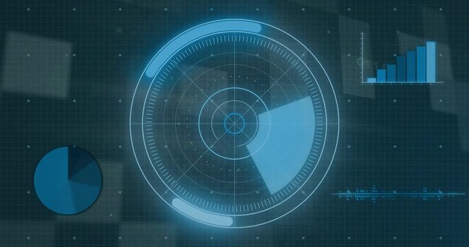Central radar HUD receiving live data and updating rotating sector, pulsing arcs, analytics charts