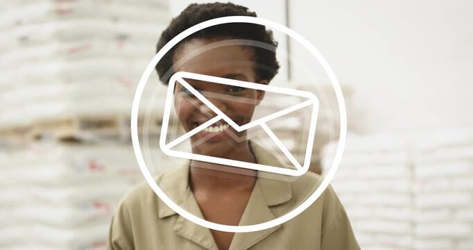 Writing woman in beige shirt with clipboard and pen in depot, circular graphic shifting to envelope