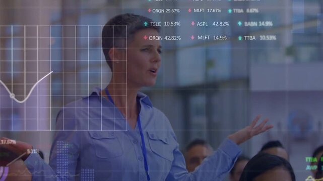 Camera shifting mature woman turning forward raising palms speaking addressing group as data moving