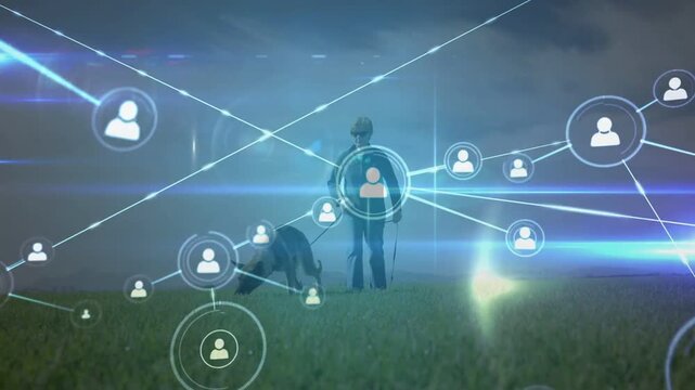 Senior woman walking with cane and dog in field, movement starting HUD avatars mapping tech network