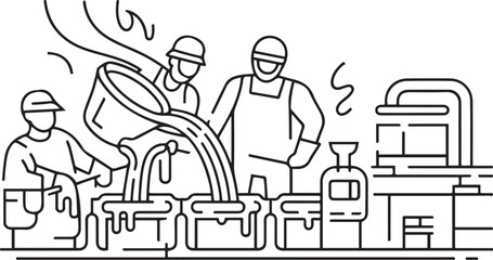 Naklejka premium Metallurgists pour hot metal into a mold to produce a finished steel product. Specialists process metals, develop production technologies, one line art icon drawing vector