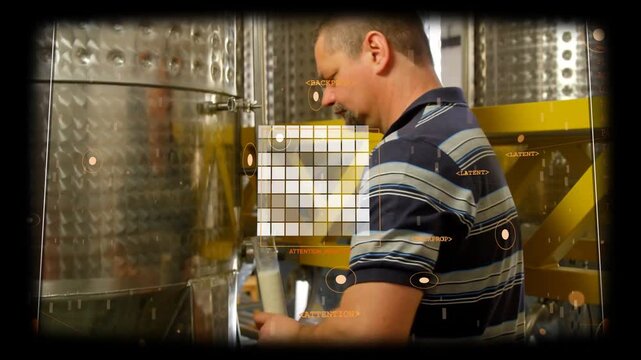 Male tech turning tank valve, sampling for industrial quality check, HUD overlay showing level