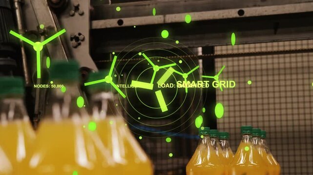 Bottles on conveyor shifting as HUD overlay appearing, projecting turbines and smart grid load
