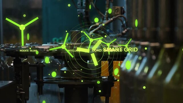 Sensor sending neon HUD over spindle animating rotor and rings, bottles moving showing grid load
