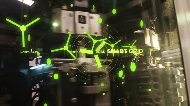 HUD appearing over factory, camera panning as overlay pulsing, revealing smart grid node status