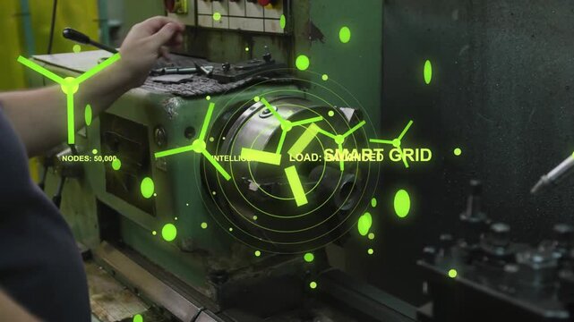 Machinist turning red knob on panel, activating AR overlay aligning to chuck, monitoring SMART GRID