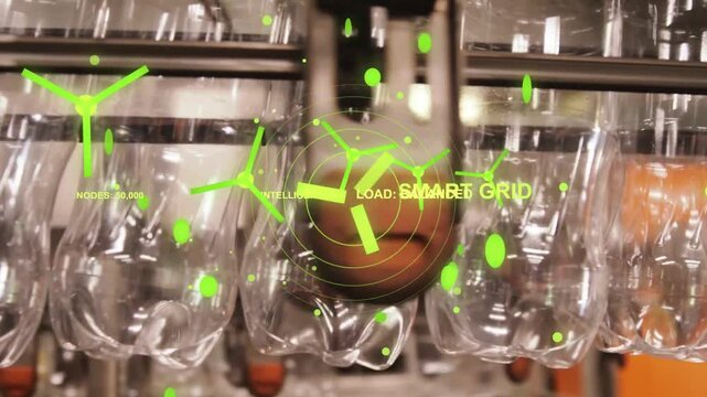 Row of bottles vibrating on rail in factory, camera panning and animating green HUD for inspection