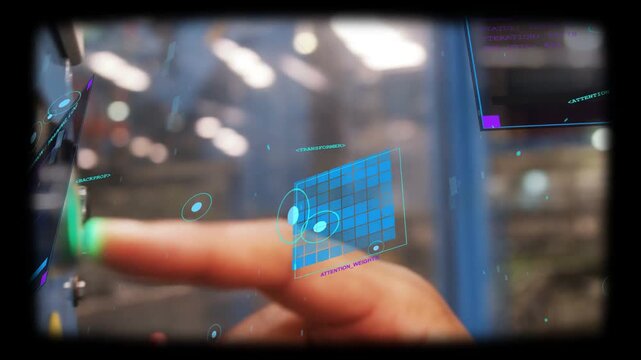 Male tech pressing green button, activating holo UI, sliding finger and observing panel in plant