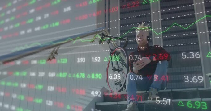 Man sitting on metal steps by bike, tapping smartphone and activating stock charts tracking market