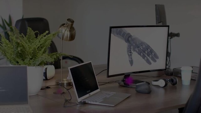 Magenta highlight starting near plant and moving across desk, showing robotic hand for technology