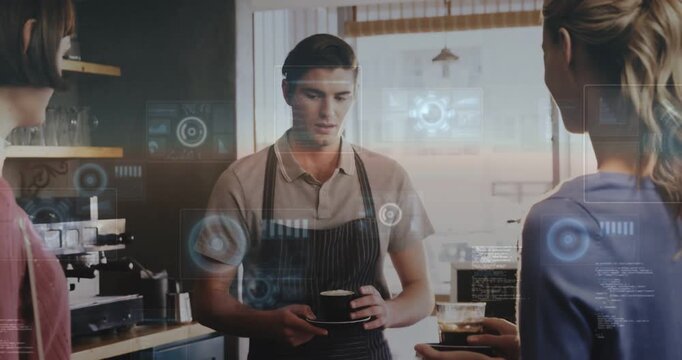 Barista receiving offered cup at cafe while HUD overlays analyzing order to confirm