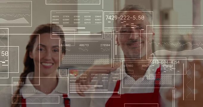 Data overlays appearing, layering over products and faces, bakery team presenting loaves for sales