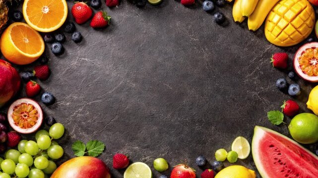 top view of mixed fruits with copy space on dark stone background, flat lay, dramatic lighting