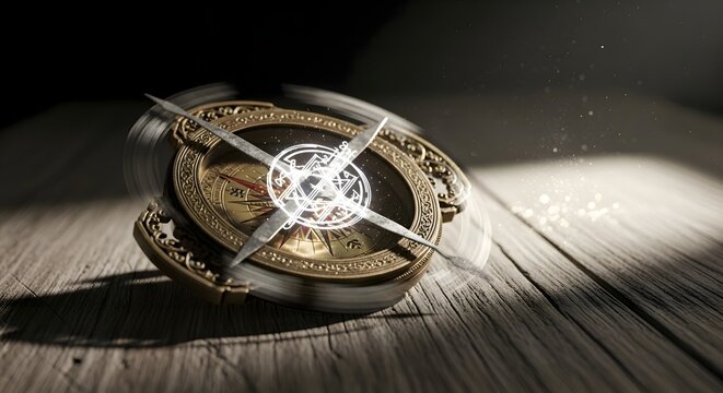 Antique compass spinning on wooden surface with magical dust particles