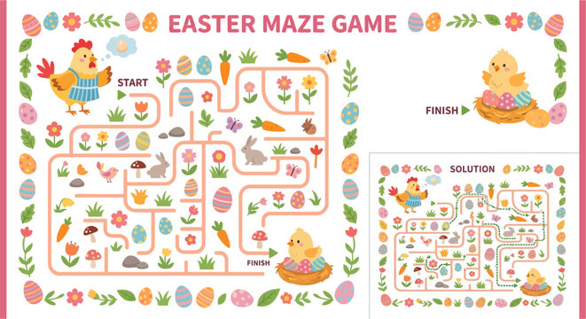 A colorful easter maze game featuring a rooster and baby chicks