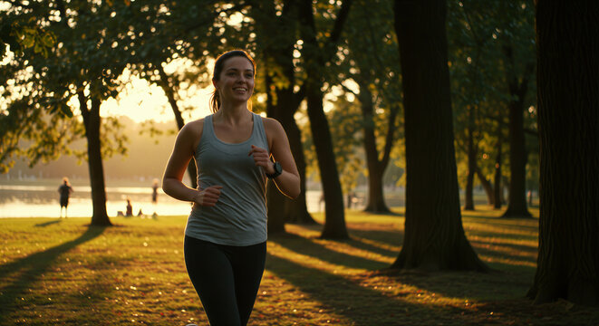 Young Woman Jogging in Public Park Near Lake, Runner Training at Golden Hour with a Smartwatch on wrist