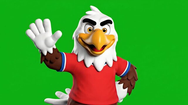 Cartoon eagle mascot waving with one hand against a green chroma key background, wearing a red shirt with blue and white trim.