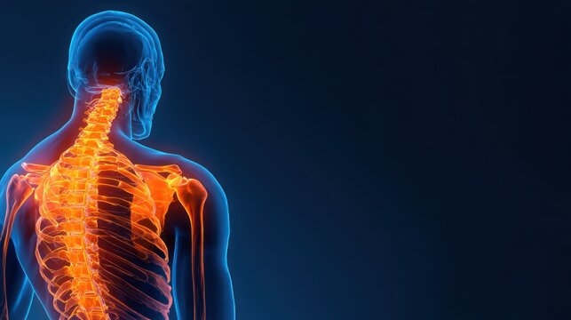 Anatomical 3D Rendering of Human Spine and Rib Cage with Glowing Orange Highlights.
