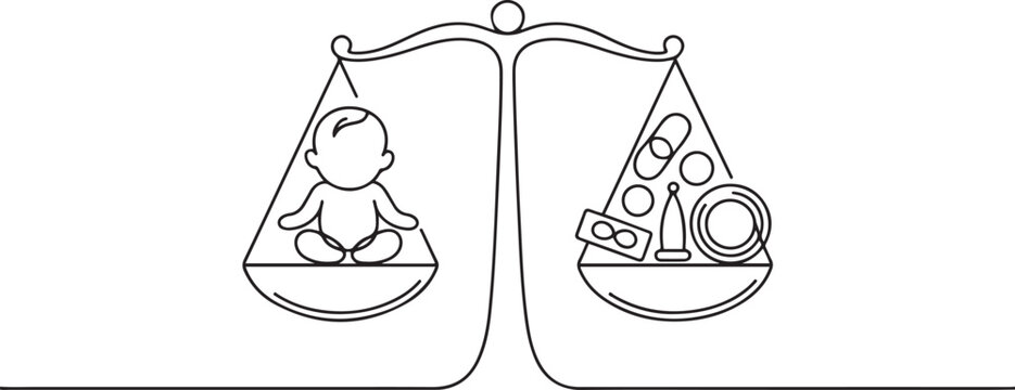 A newborn baby is on one side of the scale, and contraceptives are on the second. The choice between contraception and childbearing. one line art icon drawing vector