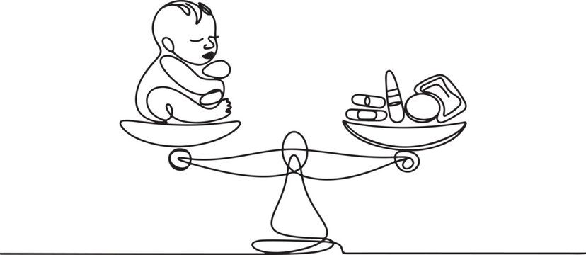 A newborn baby is on one side of the scale, and contraceptives are on the second. The choice between contraception and childbearing. one line art icon drawing vector