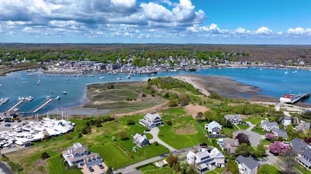 Scituate Harbor aerial view including Bulman Marine and Harbor Marina in town of Scituate, Massachusetts MA, USA. 