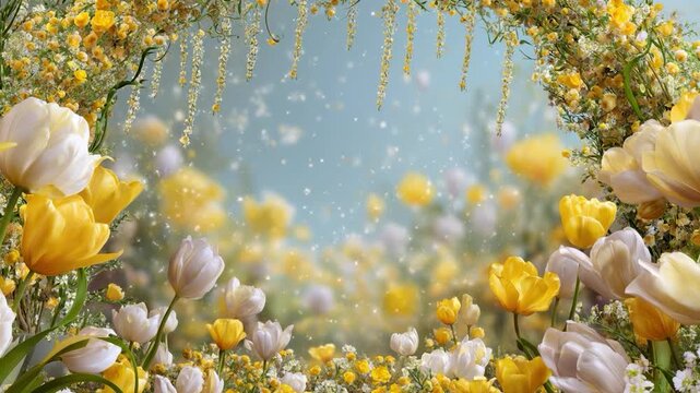 Golden Hues and Floral Reverie: A stunning display of vibrant yellow and white tulips and blossoms fills the frame, creating a sense of joy and beauty.