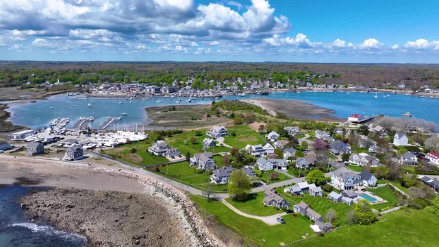Scituate Harbor aerial view including Bulman Marine and Harbor Marina in town of Scituate, Massachusetts MA, USA. 