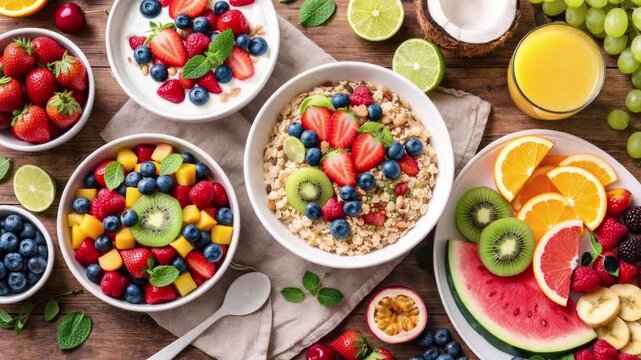 top view of healthy fruit breakfast composition on wooden table, flat lay, natural light, lifestyle stock video