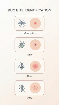Bug bite identification chart compares reactions. Bite guide shows mosquito, tick, bee, ant marks with redness patterns for skin awareness, outdoor safety, health education poster use
