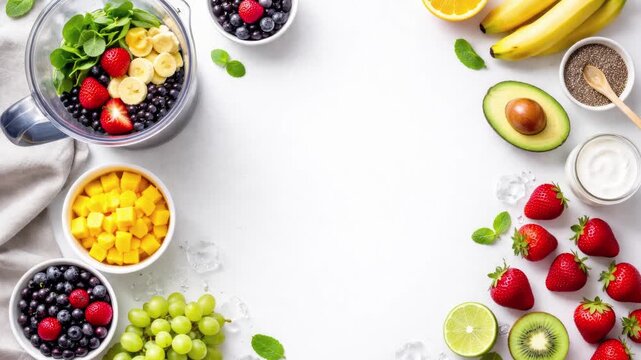 top view of colorful fruit border frame with empty center space, flat lay, bright lighting