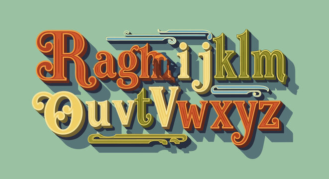 Retro Typography: Vintage Alphabet Letters with Ornate Swirls and Shadows
