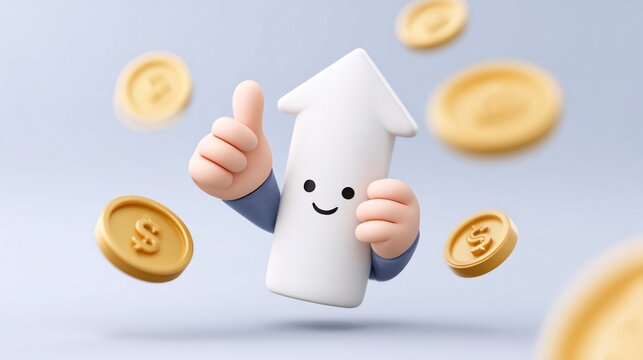 3D arrow character giving thumbs up with floating coins