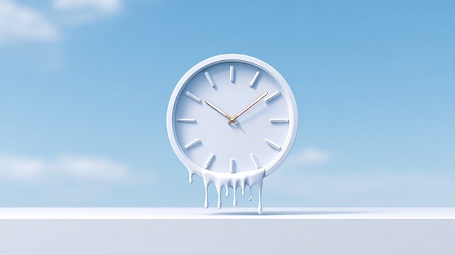 3D cartoon melting clock with droopy eyes against blue sky