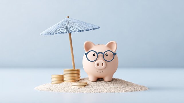 3D cartoon piggy bank relaxing under beach umbrella