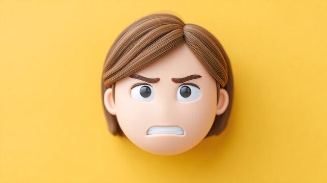 3D cartoon render of angry woman expression on yellow background