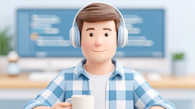 3D cartoon render of programmer with headphones at desk