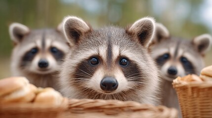 Obraz premium Curious raccoons enjoying a picnic with food baskets
