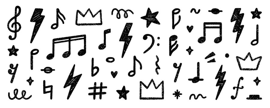Chalk pencil musical notes doodle set. Punk rock crayon elements in sketch style with grunge texture. Hand drawn vector illustration isolated on white background.