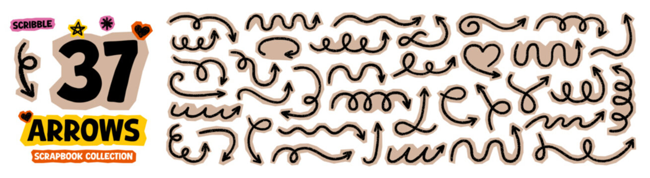 Crayon scrapbook squiggly arrows doodle set. Chalk pencil swirls, cutout direction pointers in sketch style, Grunge texture. Hand drawn vector illustration isolated on white background