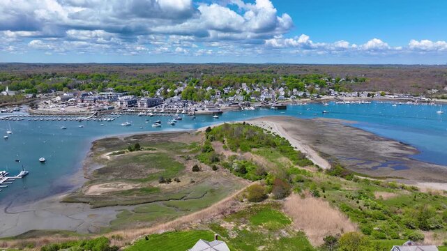 Scituate Harbor aerial view including Bulman Marine and Harbor Marina in town of Scituate, Massachusetts MA, USA. 